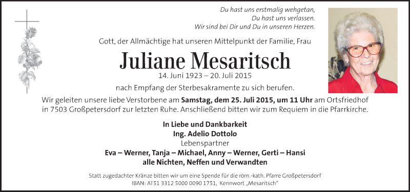  Traueranzeige für Juliane Mesaritsch vom 23.07.2015 aus Kleine Zeitung