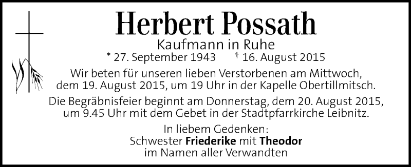  Traueranzeige für Herbert Possath vom 18.08.2015 aus Kleine Zeitung