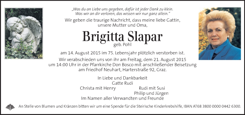  Traueranzeige für Brigitta Slapar vom 18.08.2015 aus Kleine Zeitung