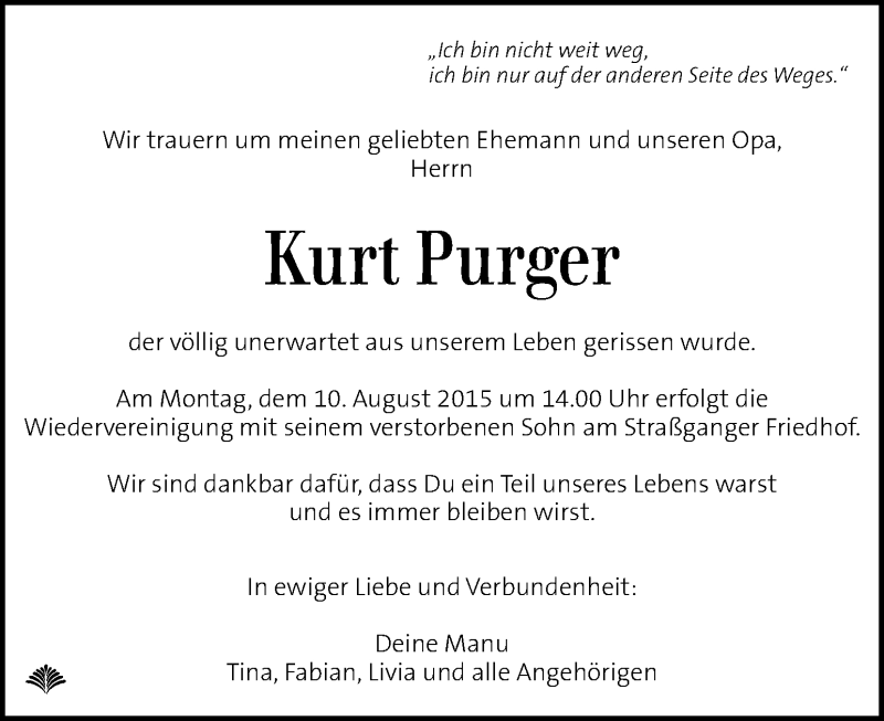 Traueranzeige für Kurt Purger vom 06.08.2015 aus Kleine Zeitung