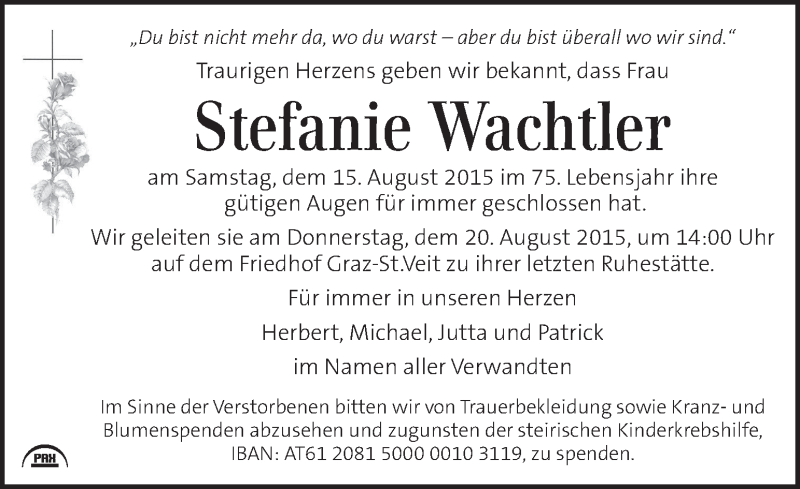  Traueranzeige für Stefanie Wachtler vom 18.08.2015 aus Kleine Zeitung
