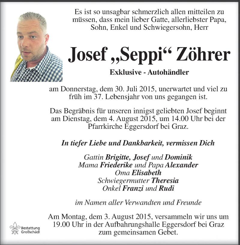  Traueranzeige für Josef Zöhrer vom 02.08.2015 aus Kleine Zeitung