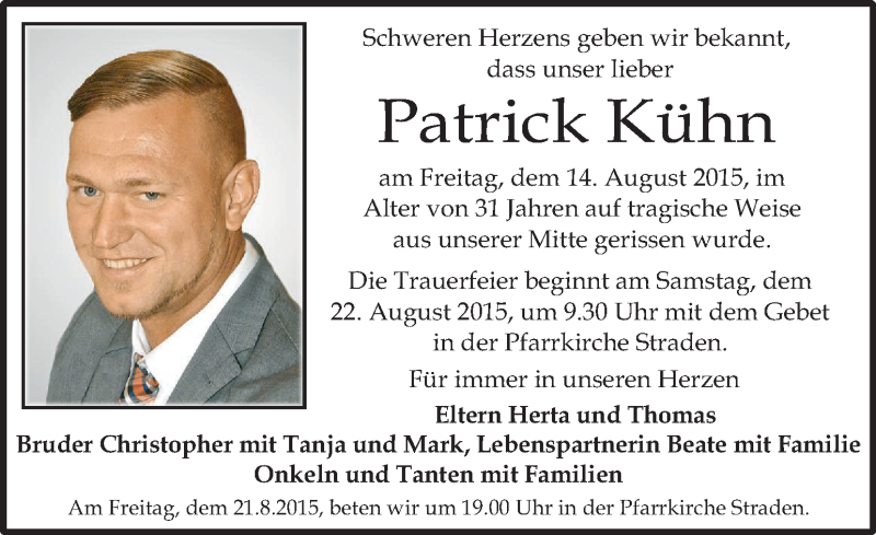  Traueranzeige für Patrick Kühn vom 21.08.2015 aus Kleine Zeitung