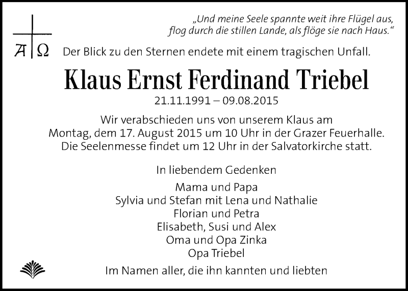  Traueranzeige für Klaus Ernst Ferdinand Triebel vom 13.08.2015 aus Kleine Zeitung