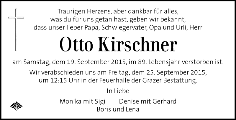  Traueranzeige für Otto Kirschner vom 23.09.2015 aus Kleine Zeitung