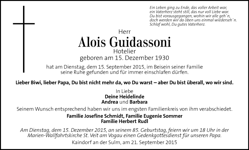  Traueranzeige für Alois Guidassoni vom 22.09.2015 aus Kleine Zeitung
