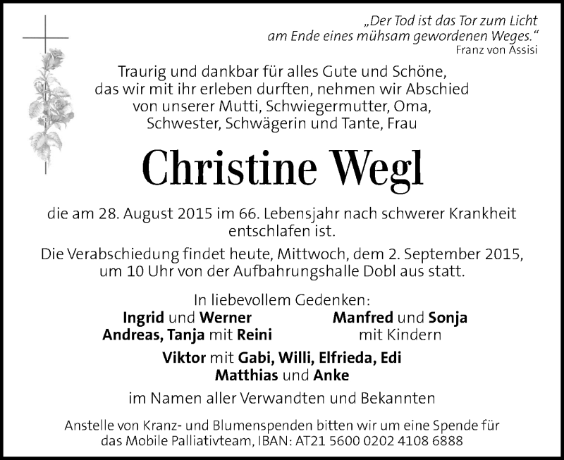  Traueranzeige für Christine Wegl vom 02.09.2015 aus Kleine Zeitung
