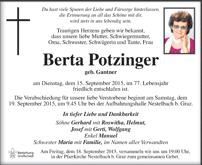  Traueranzeige für Berta Potzinger vom 18.09.2015 aus Kleine Zeitung