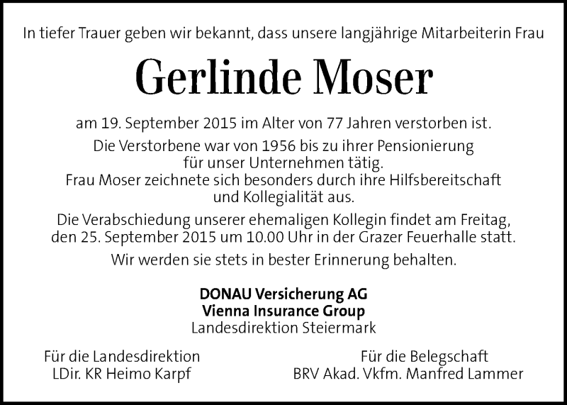  Traueranzeige für Gerlinde Moser vom 24.09.2015 aus Kleine Zeitung
