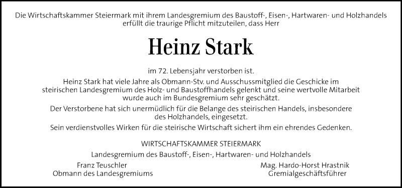  Traueranzeige für Heinz Stark vom 30.09.2015 aus Kleine Zeitung