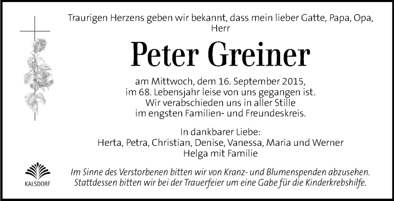  Traueranzeige für Peter Greiner vom 20.09.2015 aus Kleine Zeitung