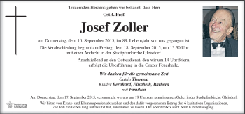 Traueranzeige von Josef Zoller von Kleine Zeitung