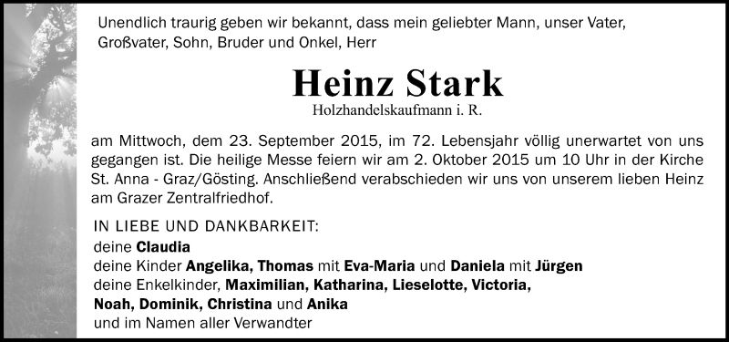  Traueranzeige für Heinz Stark vom 27.09.2015 aus Kleine Zeitung