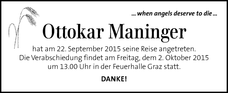  Traueranzeige für Ottokar Maninger vom 27.09.2015 aus Kleine Zeitung