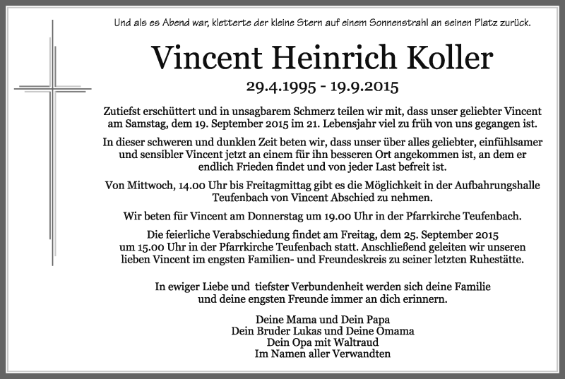  Traueranzeige für Vincent Heinrich Koller vom 24.09.2015 aus Kleine Zeitung