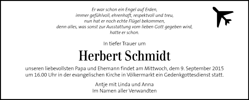  Traueranzeige für Herbert Schmidt vom 05.09.2015 aus Kleine Zeitung