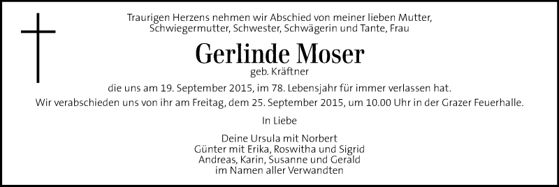  Traueranzeige für Gerlinde Moser vom 23.09.2015 aus Kleine Zeitung