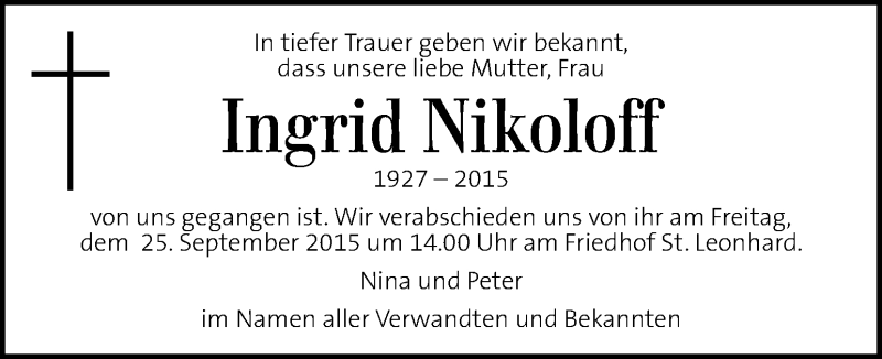  Traueranzeige für Ingrid Nikoloff vom 23.09.2015 aus Kleine Zeitung