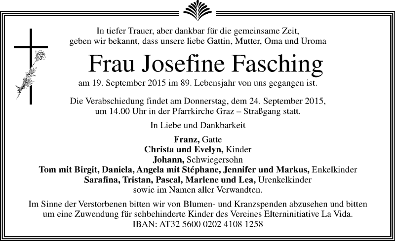  Traueranzeige für Josefine Fasching vom 22.09.2015 aus Kleine Zeitung