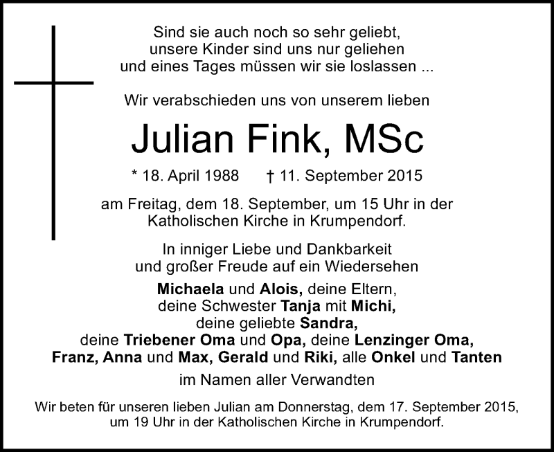  Traueranzeige für Julian Fink vom 17.09.2015 aus Kleine Zeitung