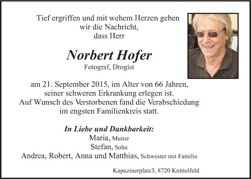  Traueranzeige für Norbert Hofer vom 26.09.2015 aus Kleine Zeitung