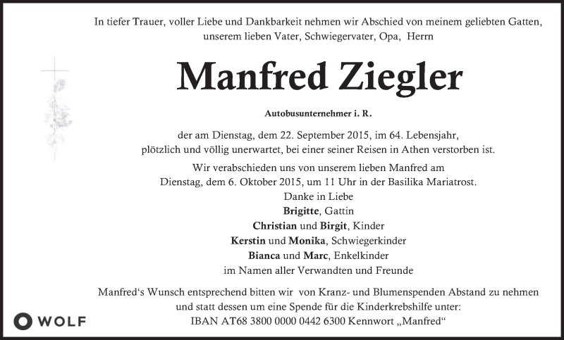  Traueranzeige für Manfred Ziegler vom 30.09.2015 aus Kleine Zeitung