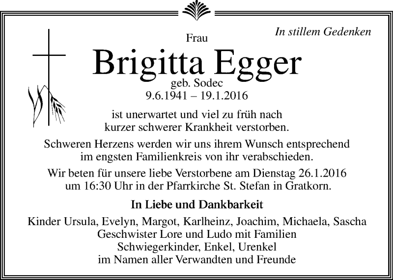  Traueranzeige für Brigitta Egger vom 24.01.2016 aus Kleine Zeitung