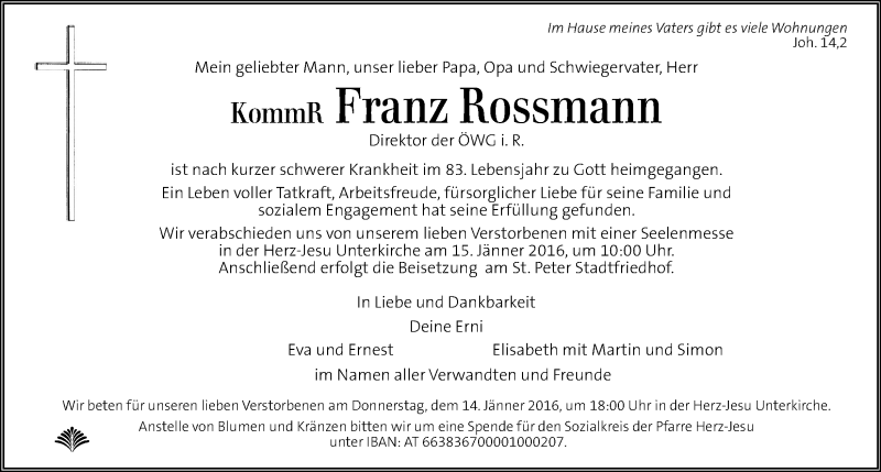  Traueranzeige für Franz Rossmann vom 13.01.2016 aus Kleine Zeitung