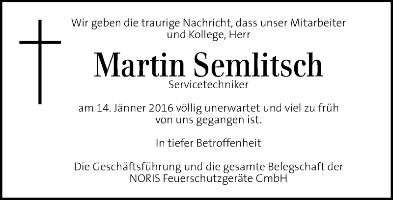  Traueranzeige für Martin Semlitsch vom 16.01.2016 aus Kleine Zeitung