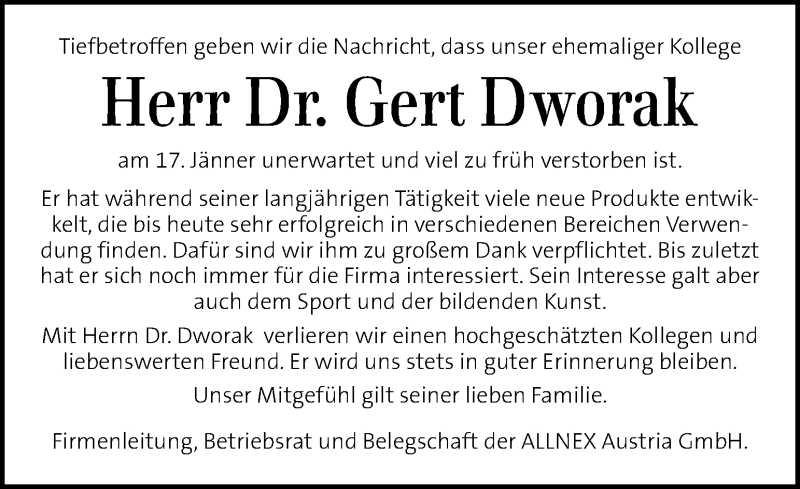  Traueranzeige für Gert Dworak vom 22.01.2016 aus Kleine Zeitung