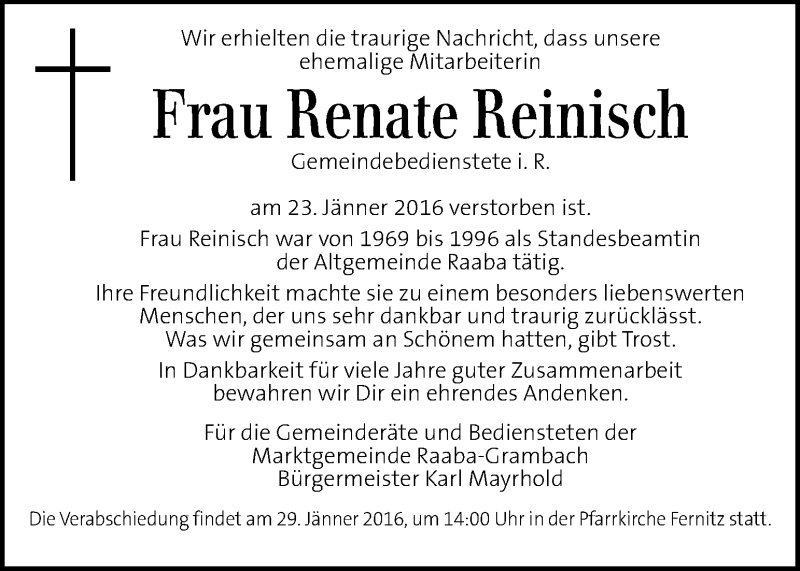  Traueranzeige für Renate Reinisch vom 27.01.2016 aus Kleine Zeitung