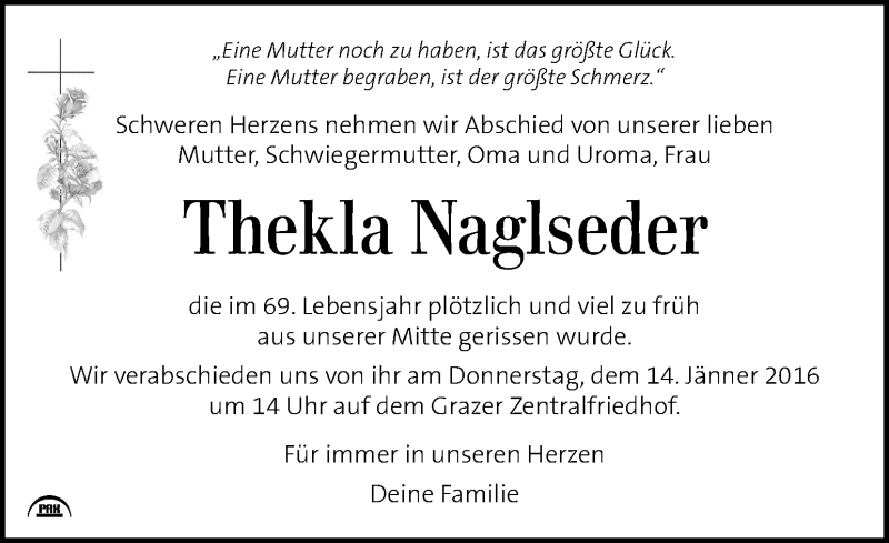  Traueranzeige für Thekla Naglseder vom 13.01.2016 aus Kleine Zeitung