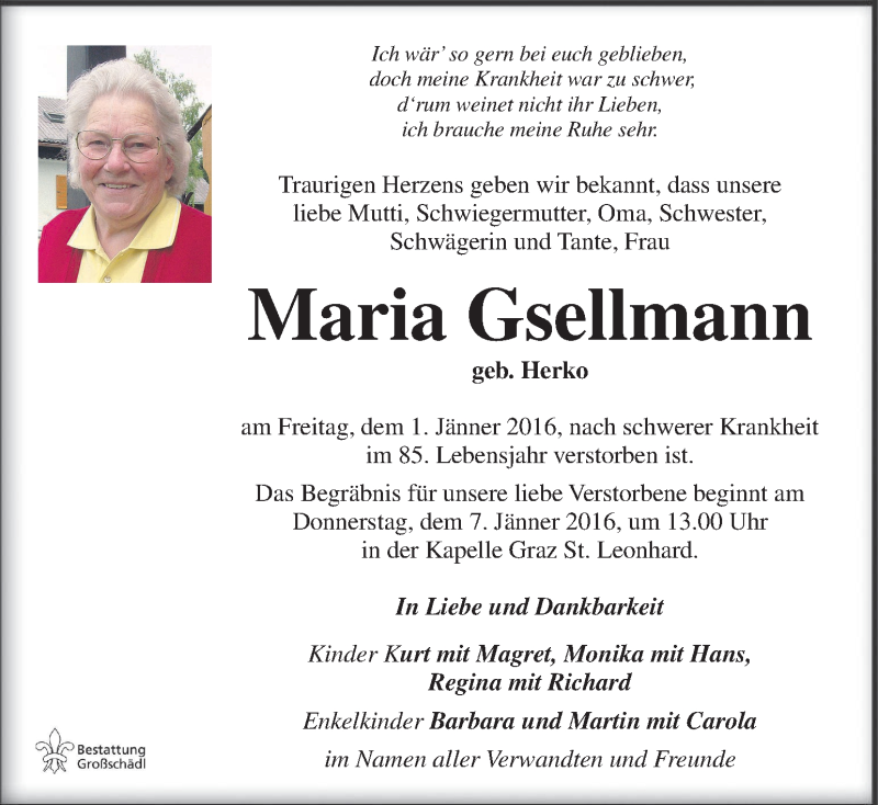 Traueranzeigen von Maria Gsellmann | trauer.kleinezeitung.at