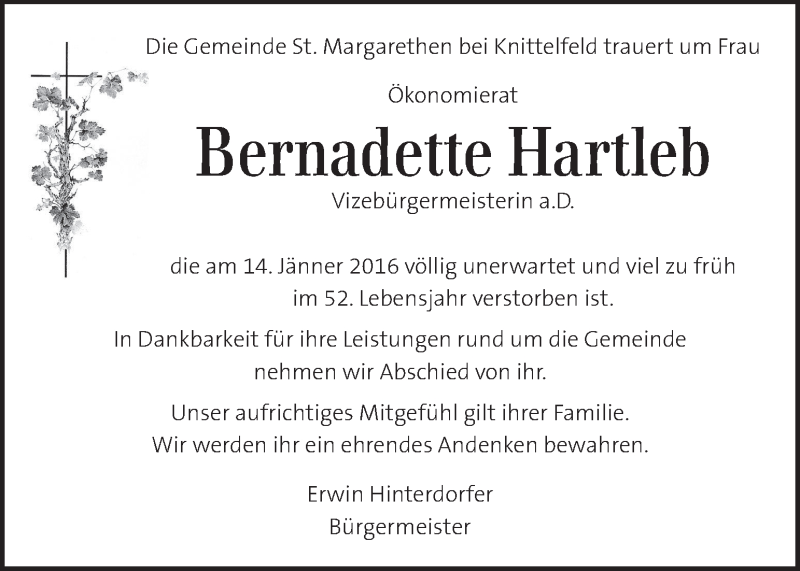  Traueranzeige für Bernadette Hartleb vom 19.01.2016 aus Kleine Zeitung