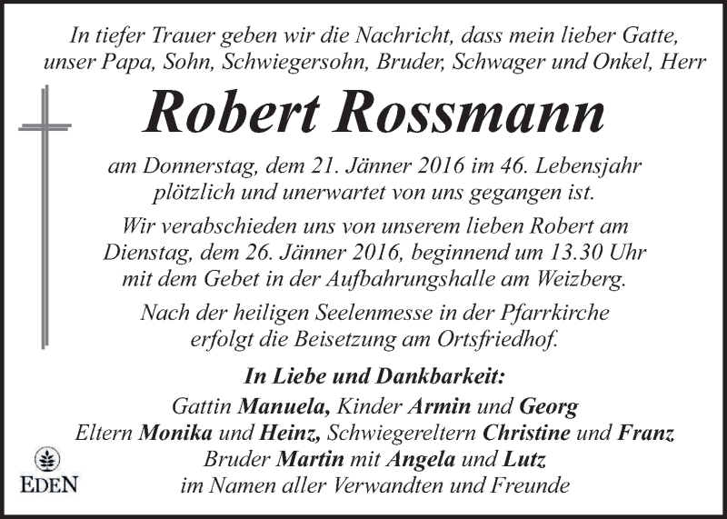  Traueranzeige für Robert Rossmann vom 24.01.2016 aus Kleine Zeitung