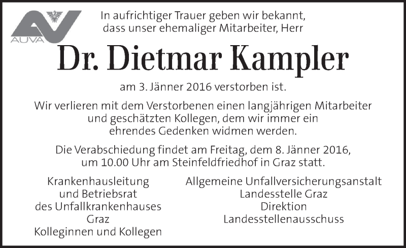  Traueranzeige für Dietmar Kampler vom 06.01.2016 aus Kleine Zeitung