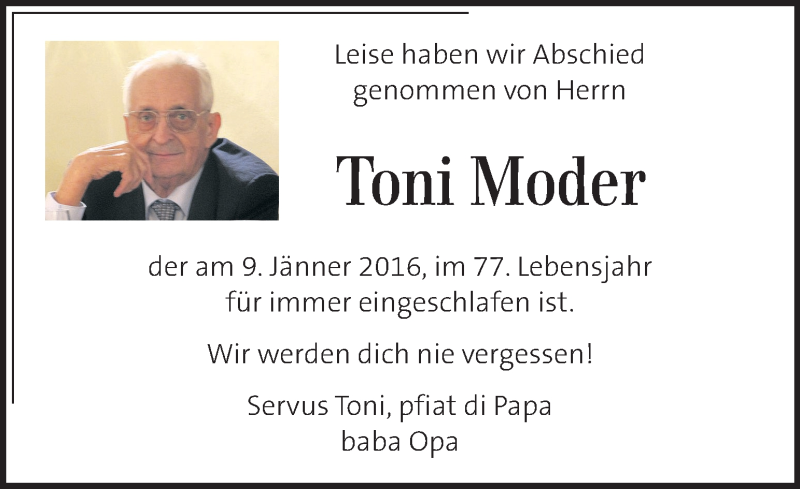  Traueranzeige für Toni Moder vom 17.01.2016 aus Kleine Zeitung