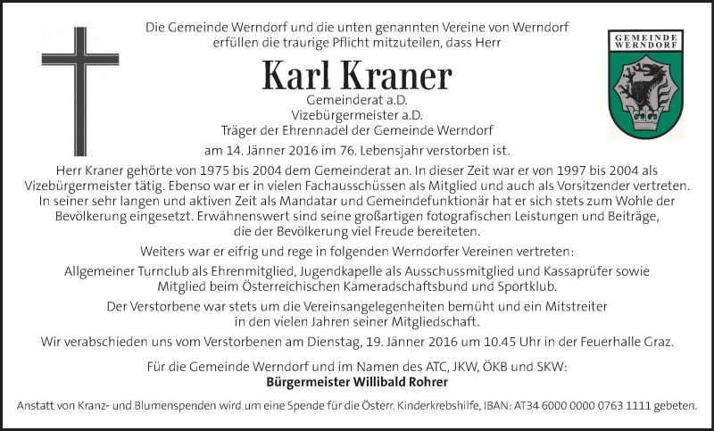  Traueranzeige für Karl Kraner vom 19.01.2016 aus Kleine Zeitung