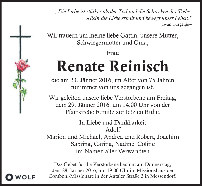  Traueranzeige für Renate Reinisch vom 26.01.2016 aus Kleine Zeitung