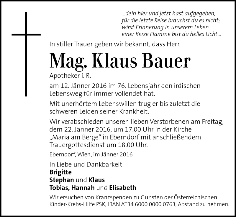  Traueranzeige für Klaus Bauer vom 20.01.2016 aus Kleine Zeitung