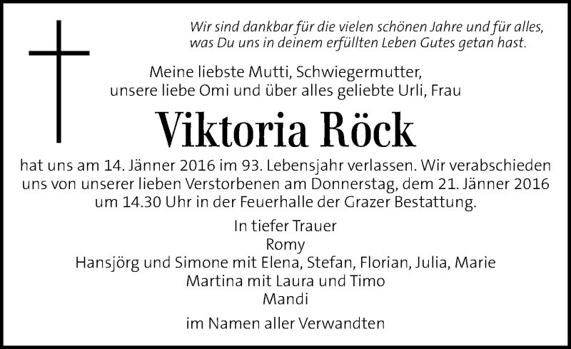  Traueranzeige für Viktoria Röck vom 17.01.2016 aus Kleine Zeitung