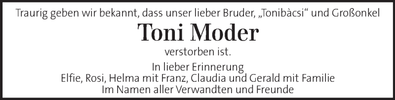  Traueranzeige für Toni Moder vom 17.01.2016 aus Kleine Zeitung