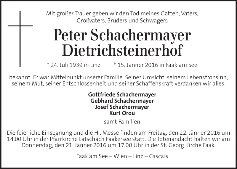  Traueranzeige für Peter Schachermayer vom 21.01.2016 aus Kleine Zeitung