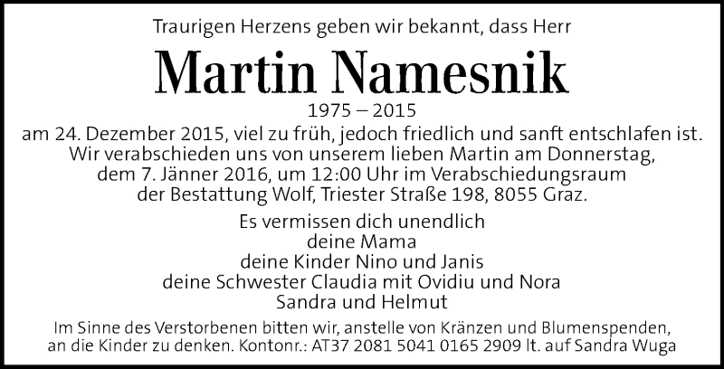  Traueranzeige für Martin Namesnik vom 03.01.2016 aus Kleine Zeitung