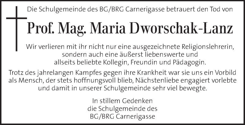  Traueranzeige für Maria Dworschak-Lanz vom 20.01.2016 aus Kleine Zeitung