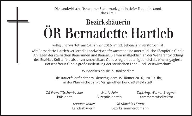  Traueranzeige für Bernadette Hartleb vom 17.01.2016 aus Kleine Zeitung