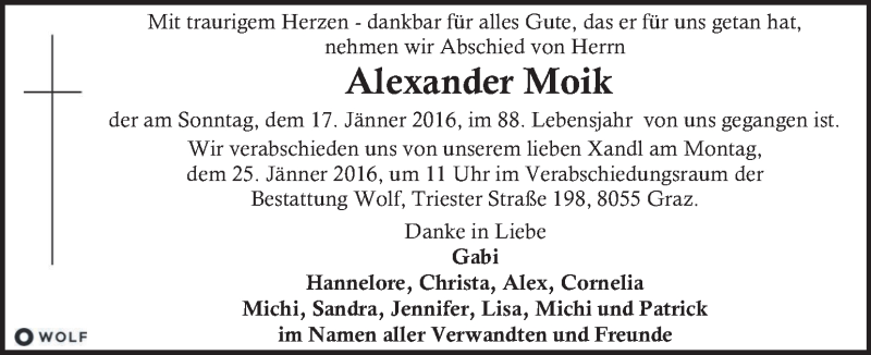  Traueranzeige für Alexander Moik vom 22.01.2016 aus Kleine Zeitung