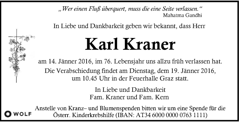  Traueranzeige für Karl Kraner vom 17.01.2016 aus Kleine Zeitung