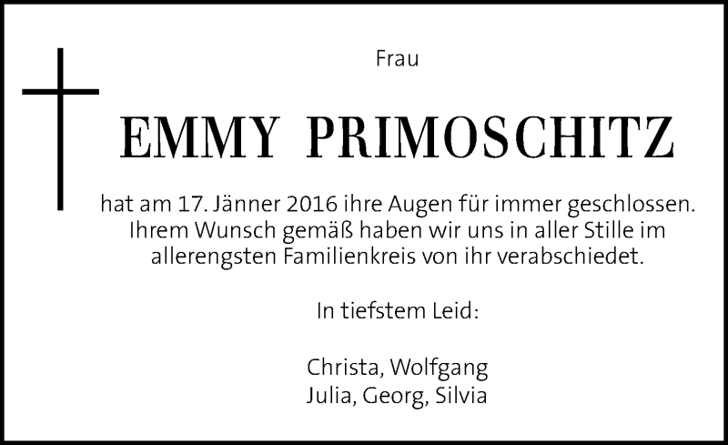  Traueranzeige für Emmy Primoschitz vom 22.01.2016 aus Kleine Zeitung