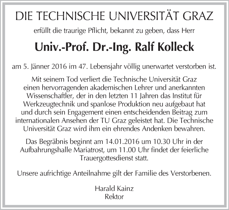  Traueranzeige für Ralf Kolleck vom 13.01.2016 aus Kleine Zeitung